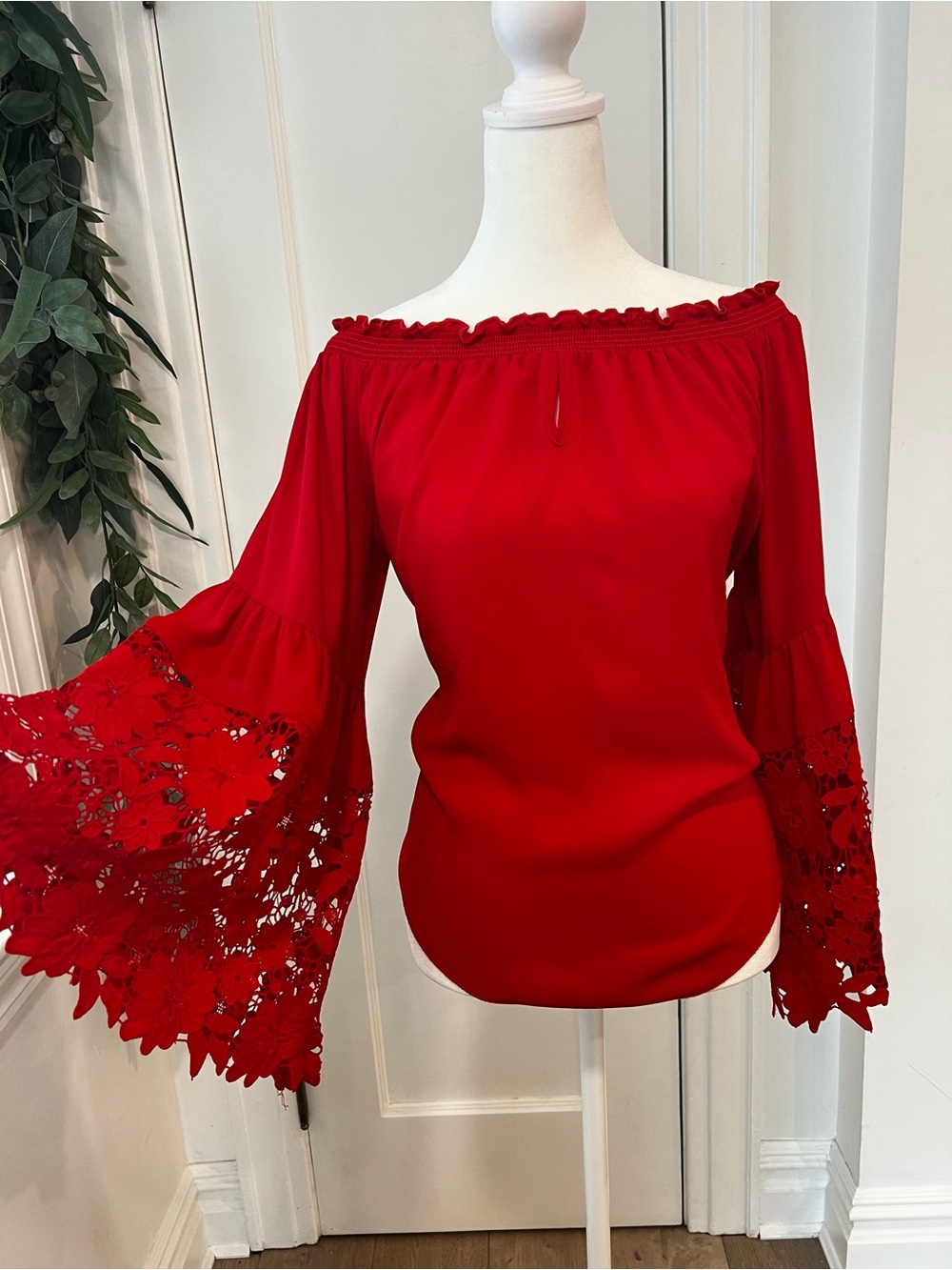 Joseph Ribkoff Red Off-Shoulder Lace Bell-Sleeve Blouse - Picture 9 of 9